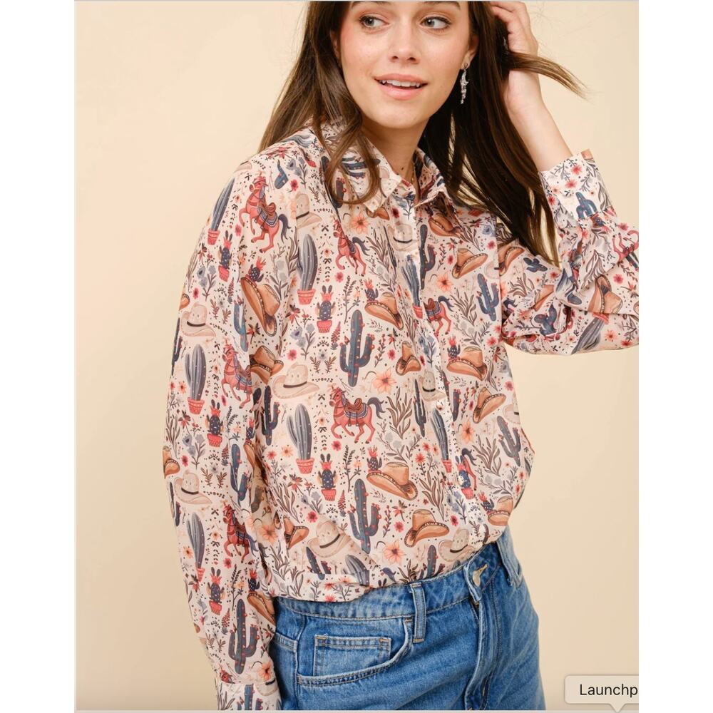 Blue B Painted Desert Western Chiffon Button Up Shirt Small NWT
